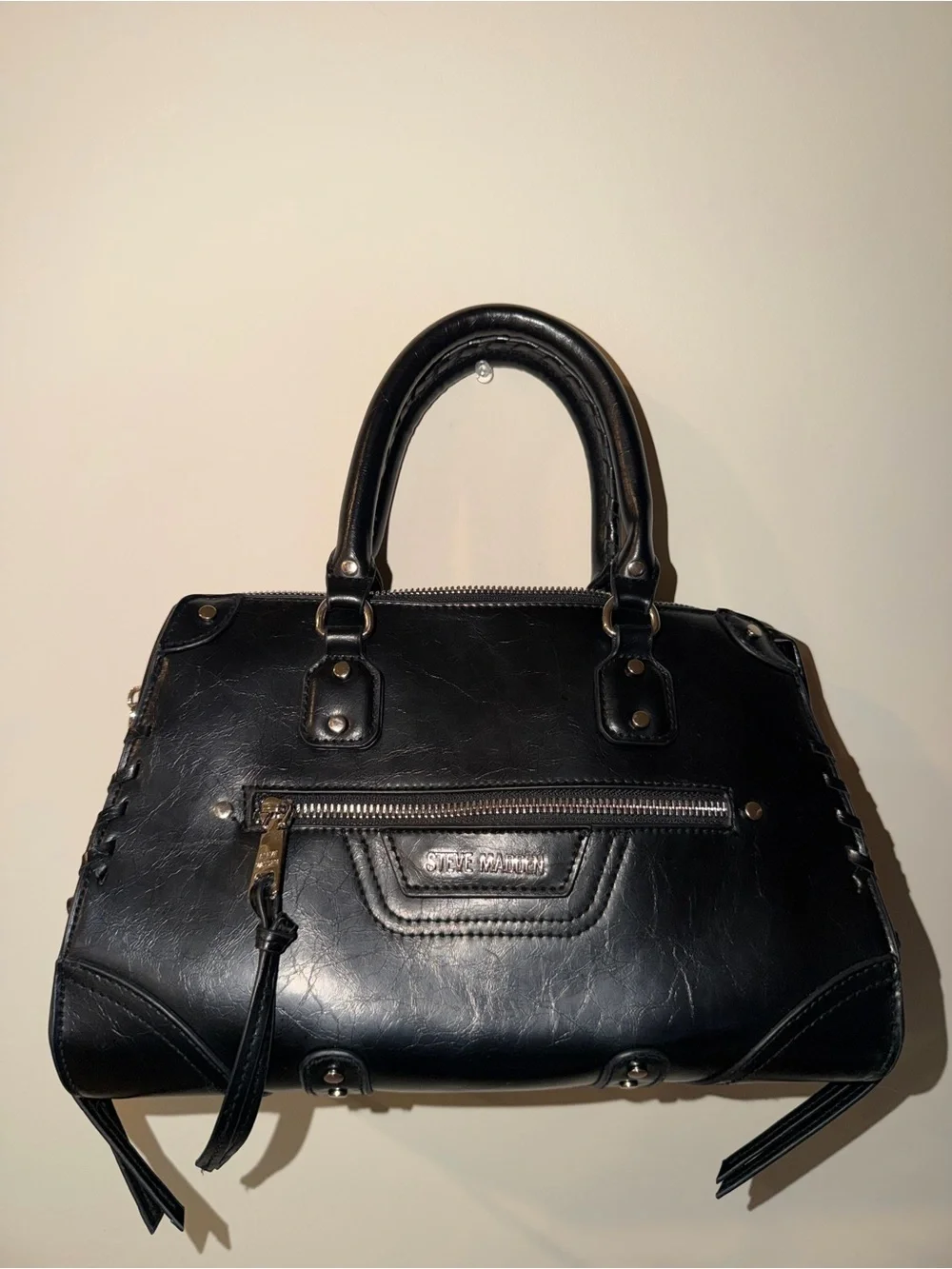 Steve Madden Black Leather Satchel with Silver Hardware